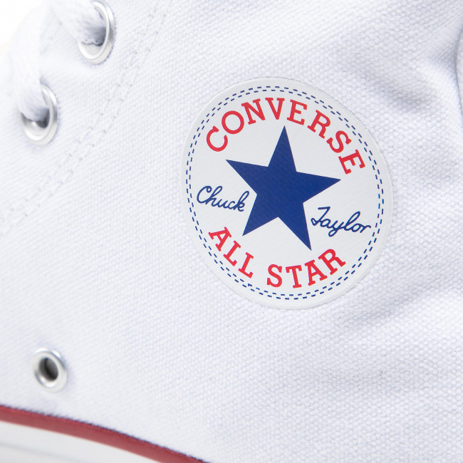 Bílé plátěnky Converse. Fotografie poukazuje zblízka značku Conversek.